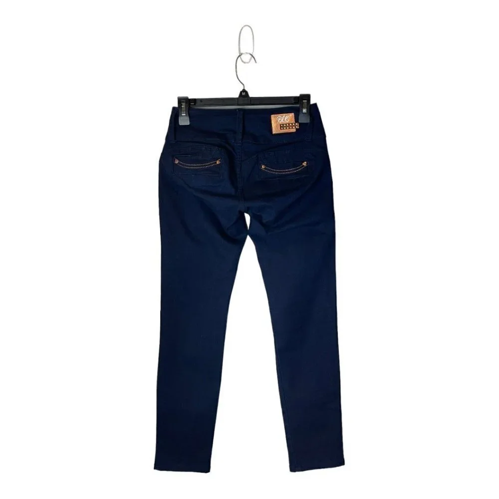 BLK DNM Blue Dark Wash Jeweled Button Wide Waistband Slim Jeans Size 28‎